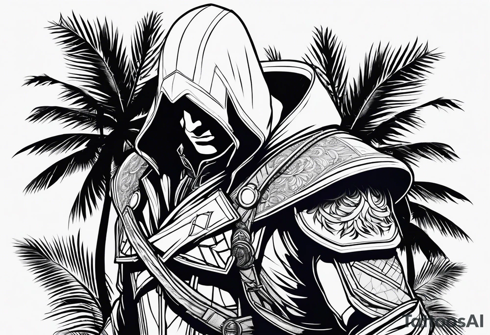 assassins creed character that is in the style of tron with palm trees tattoo idea