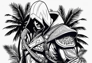assassins creed character that is in the style of tron with palm trees tattoo idea