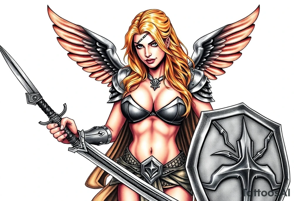 blonde valkyrie with sword and shield -- location calf -- image should show entire body of the valkyrie -- she should have large breasts and beautiful yet tough -- full color, realistic, should have breast armor, less cartoony more realistic, should -- full color-- 
 show her entire body
tattoo located on calf not on back tattoo idea
