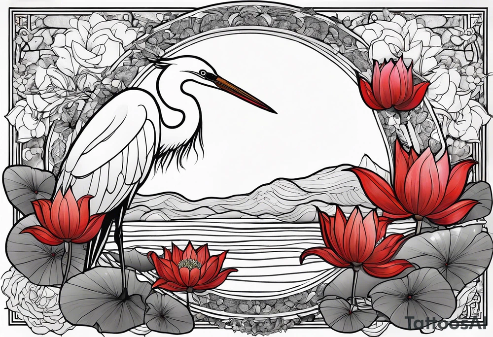 Egret and red lotuses tattoo idea