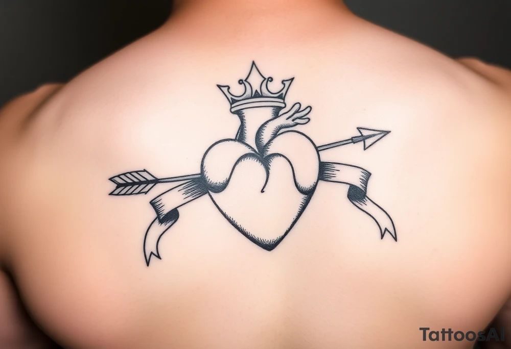 heart pierced by arrow with flowing ribbons princess crown festhers tattoo idea