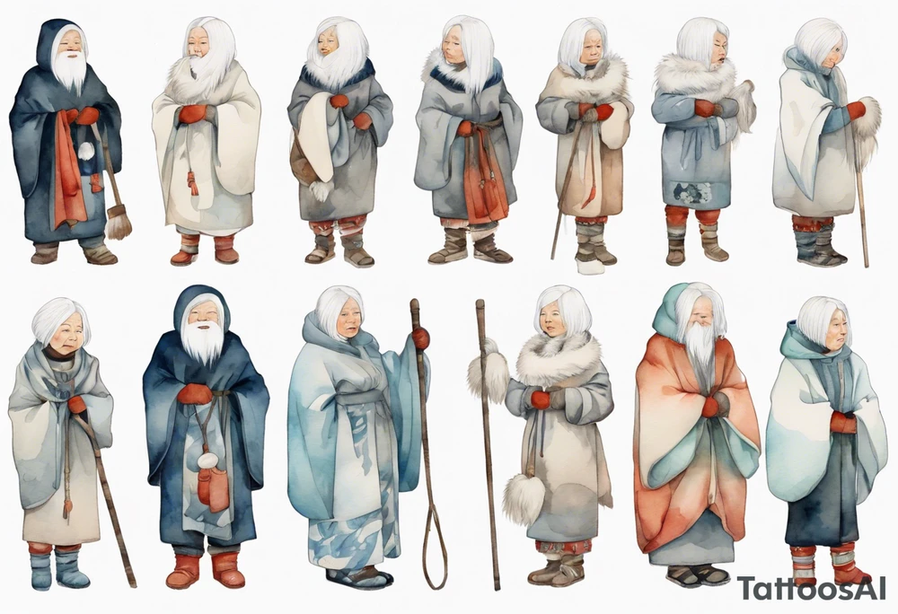 an elderly Inuit woman with white hair, wearing mittens, wearing a white cloak, holding a white staff, wearing mukluks, standing on an iceberg tattoo idea
