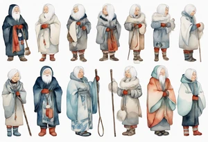 an elderly Inuit woman with white hair, wearing mittens, wearing a white cloak, holding a white staff, wearing mukluks, standing on an iceberg tattoo idea