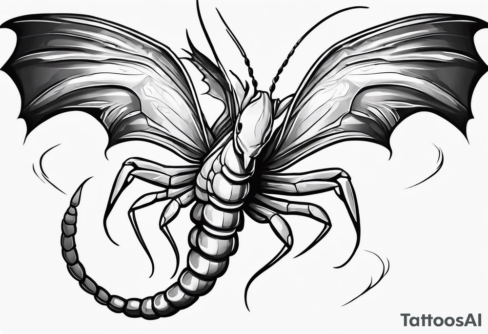 cartoon shrimp with a muscular superhero body flying through the air tattoo idea