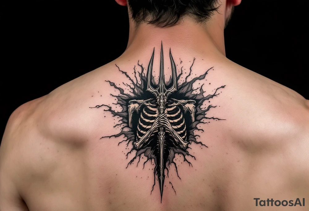 skeleton behind trident coming out of skin effect tattoo idea