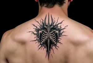 skeleton behind trident coming out of skin effect tattoo idea