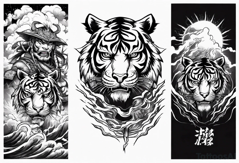 tiger warrior with lightning and the sun for a forearm sleeve tattoo idea