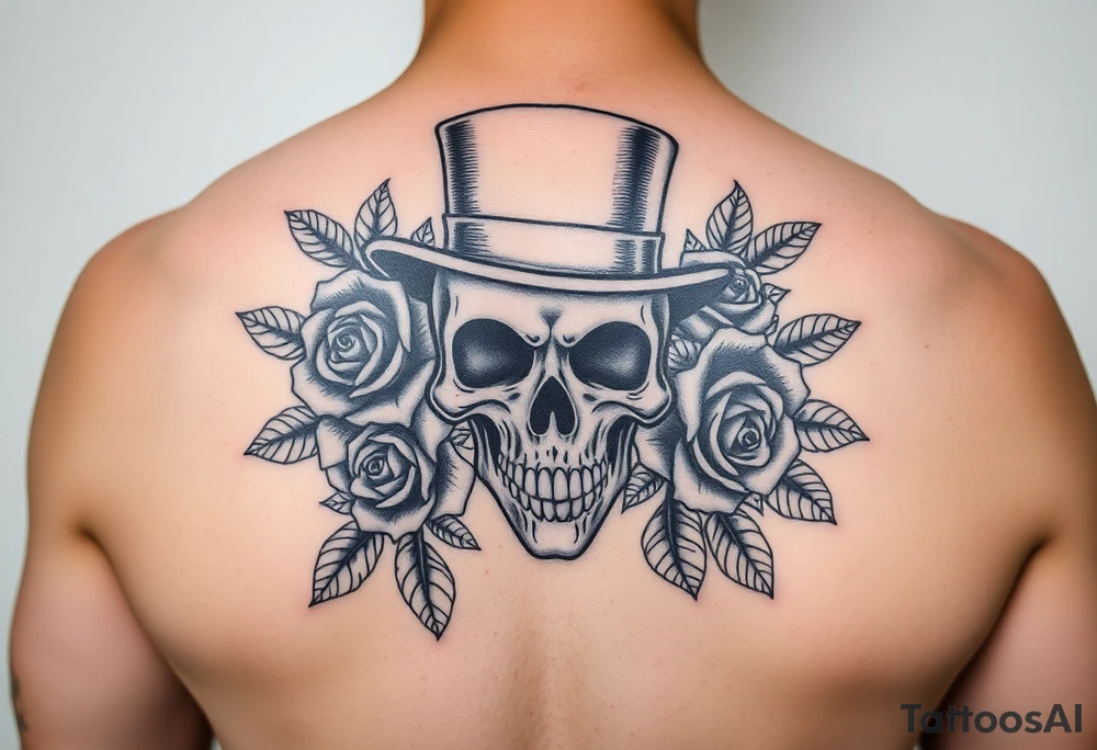 skull steampunk black top hat roses tattoo idea