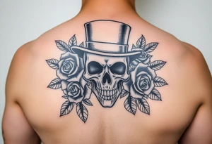 skull steampunk black top hat roses tattoo idea