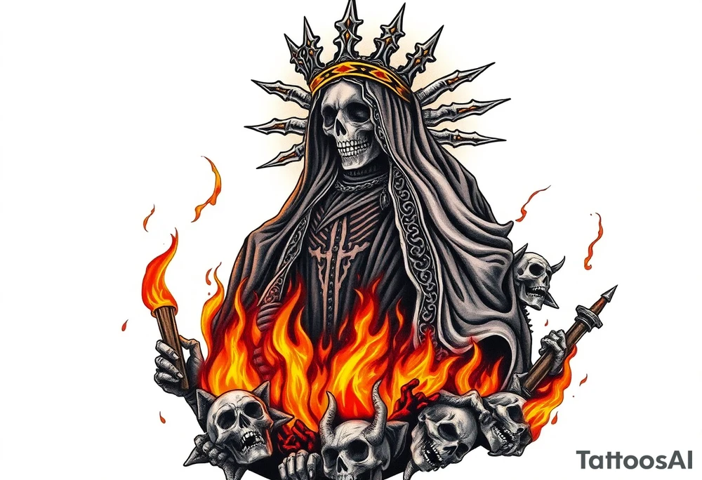 Powerful and evil Santa muerte rising from the flames and ashes of hell, surrounded by unclaimed souls tattoo idea