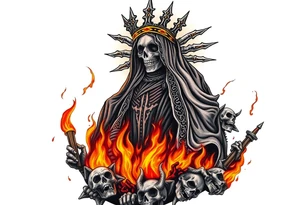 Powerful and evil Santa muerte rising from the flames and ashes of hell, surrounded by unclaimed souls tattoo idea