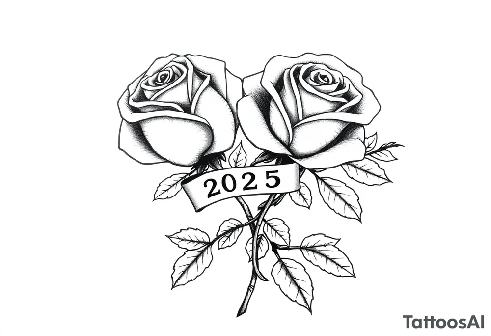 two beautiful rose buds, one larger than the other, with many leaves and their stems intertwined, representing two people in love. Include a banner connecting the two roses with "2025" on it.  The word "Rose" written in Kanji above the drawing.  Use dark outlines with little shading. The two stems should connect and join into one stem, whimsically curved or twisted - not straight down. tattoo idea