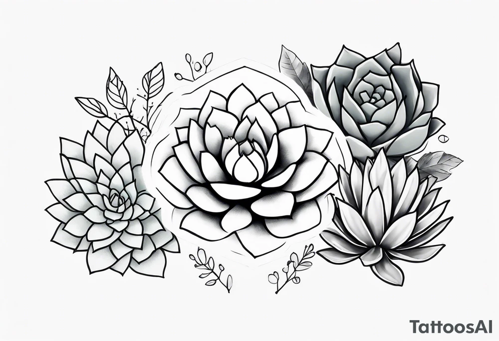 fine line. one big succulent in the middle. Two smaller succulents on the side. Dots and floral
. Sternum tattoo grey scale shading tattoo idea