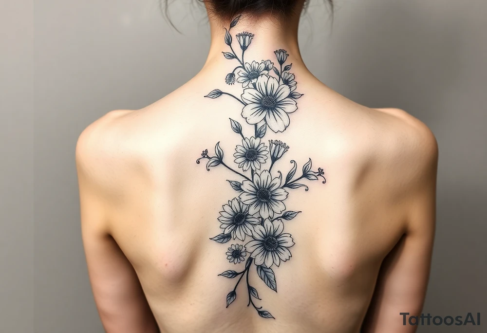 A spine tattoo a flower vine going down the whole back With the flowers Honeysuckle Chrysanthemum  waterlily Gladiolus Daisy sweet pea rose tattoo idea