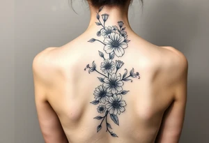 A spine tattoo a flower vine going down the whole back With the flowers Honeysuckle Chrysanthemum  waterlily Gladiolus Daisy sweet pea rose tattoo idea