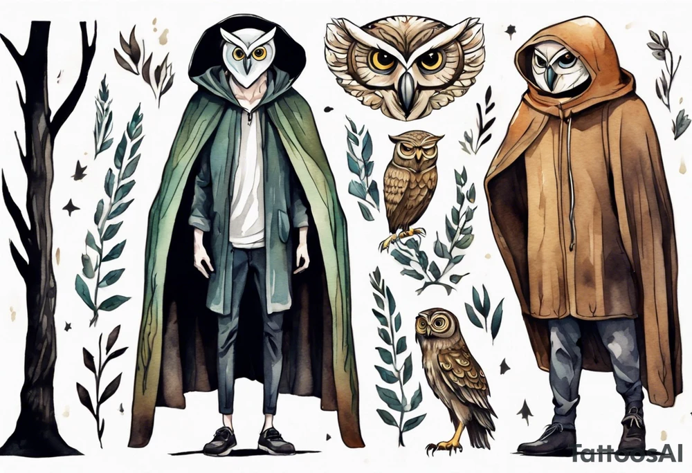 a tall thin man in a cloak wearing an owl mask walking in a forest tattoo idea