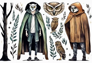 a tall thin man in a cloak wearing an owl mask walking in a forest tattoo idea