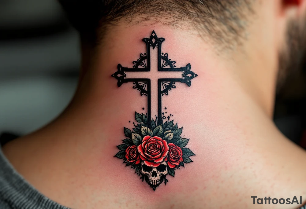Cross with Skull and Roses – A small cross in shaded black intertwined with red roses and skull motifs at the base in the back of a nack, adding an edge with a combination of deep shadows and highlights. tattoo idea