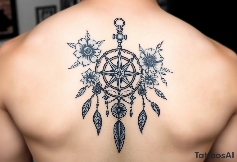 Boho dream catcher with compass and anchor Beautiful flowers and an ornamental chandelier like look tattoo idea