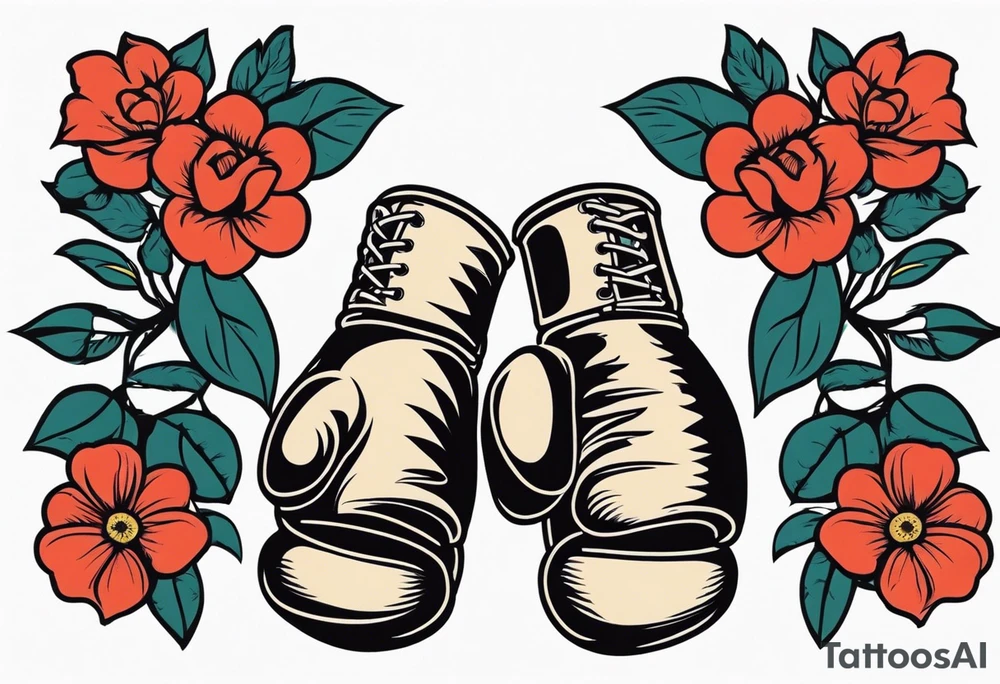 boxing gloves and flowers bold colors traditional old school vintage tattoo idea