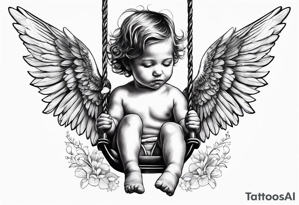 angel child on swing with sagging wings, head down. add hummingbird tattoo idea