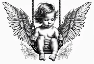 angel child on swing with sagging wings, head down.  add hummingbird tattoo idea