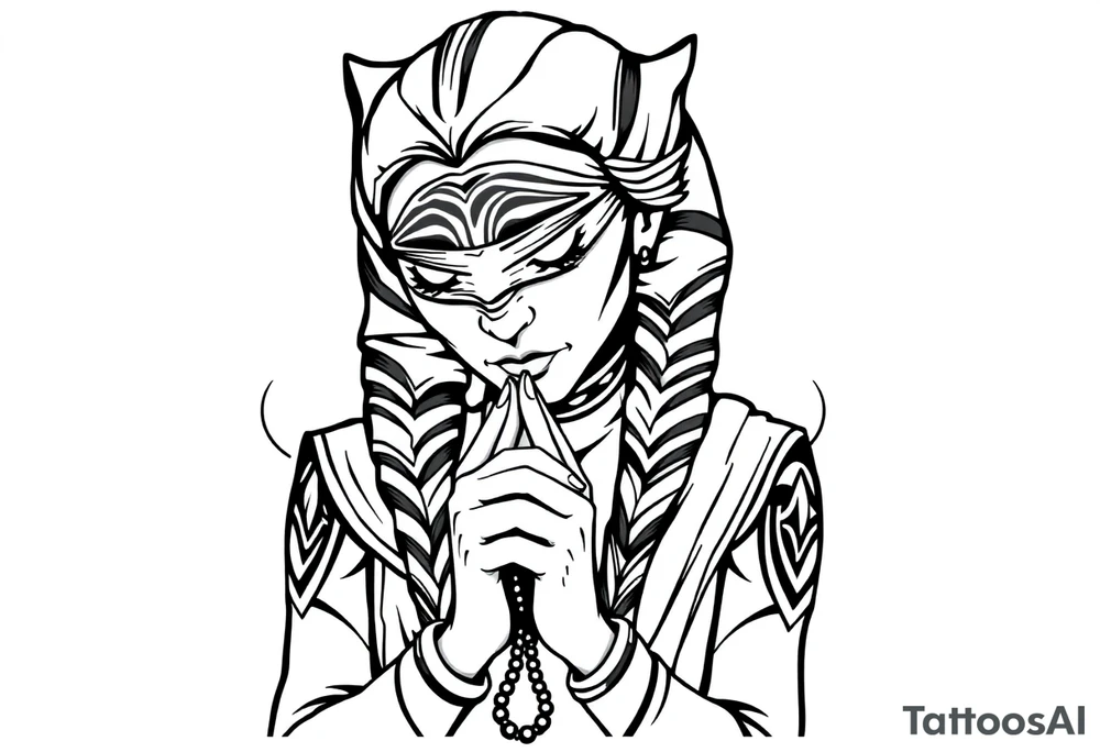 Ahsoka praying with rosary in hands and bandana over face tattoo idea