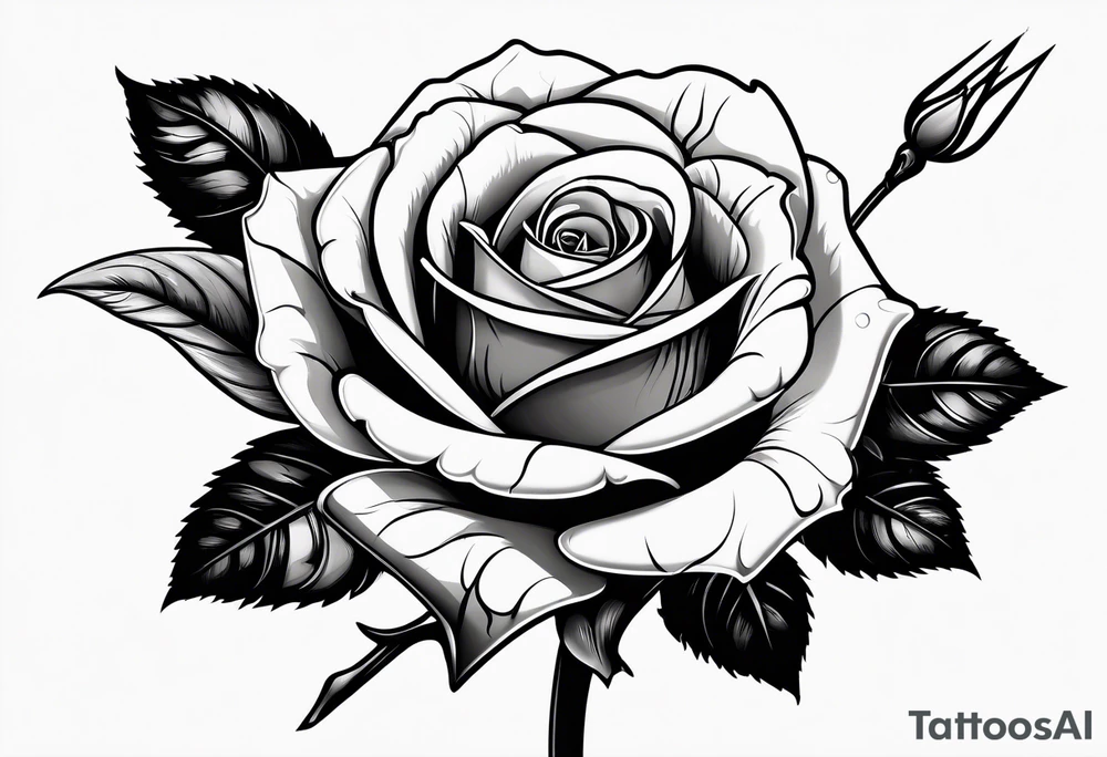 A long stem rose stem stabbed through a human hand like an arrow tattoo idea