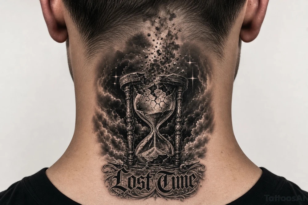 Black and grey realism tattoo design of a cracked, shattered hourglass centered in dark heavy clouds. Sand and dark smoke floating upward out of the glass. Custom gothic script lettering that says "Lost Time" wrapped around the base. Chicano style shading, deep blackwork background, sharp 4-point sparkle stars, high contrast, clean white background, tattoo stencil style. Put on the throat not the back of neck tattoo idea