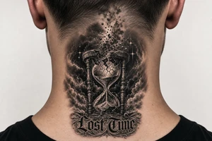 Black and grey realism tattoo design of a cracked, shattered hourglass centered in dark heavy clouds. Sand and dark smoke floating upward out of the glass. Custom gothic script lettering that says "Lost Time" wrapped around the base. Chicano style shading, deep blackwork background, sharp 4-point sparkle stars, high contrast, clean white background, tattoo stencil style. Put on the throat not the back of neck tattoo idea