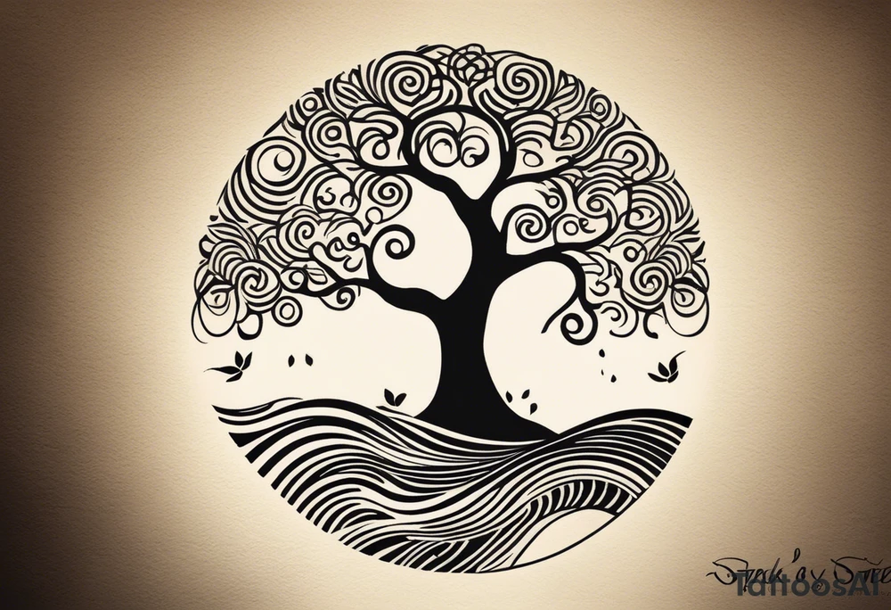 an abstract Tree of Life tattoo. It should have roots growing out of the bottom. The roots slowly turn into water from the Great Wave by Hokusai. A golf flag should be placed discreetly growing out of the ground. 2 license plate tags should be hanging from the tree. Place a few music notes in the areas the leaves should be. The letters A U should be engraved into the tree trunk in a heart. tattoo idea