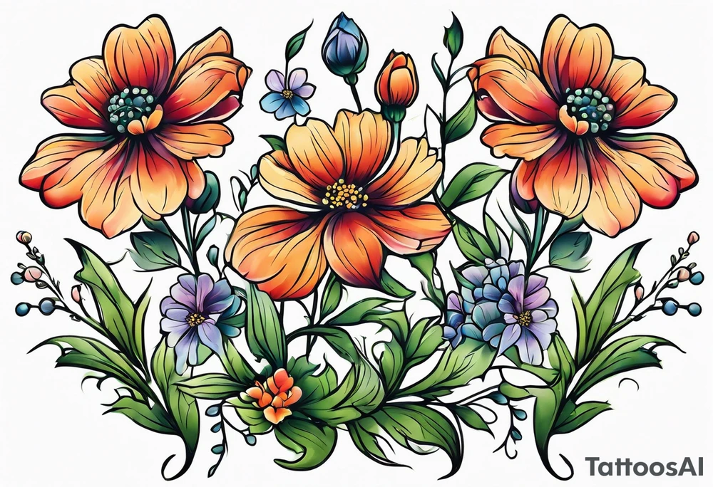 simple long stem wildflower bouquet across foot tattoo idea