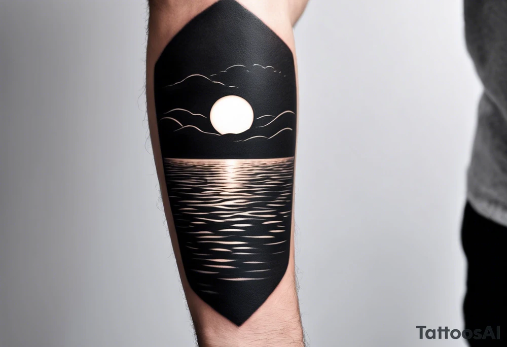 Minimalistic, black and white tattoo on male forearm. From the perspective of being on the ocean, the water is calm, with no waves in sight, the sun is setting behind the ocean, reflecting light onto the water. The tattoo in the shape of a rectangle, 4 inches wide by 2 inches tall. tattoo idea