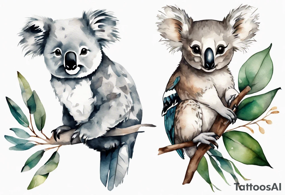 a koala and a kookaburra sitting on wattle and eucalyptus leaves tattoo idea