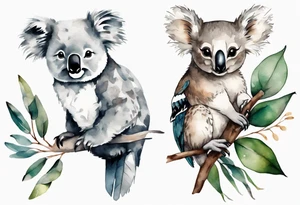 a koala and a kookaburra sitting on wattle and eucalyptus leaves tattoo idea