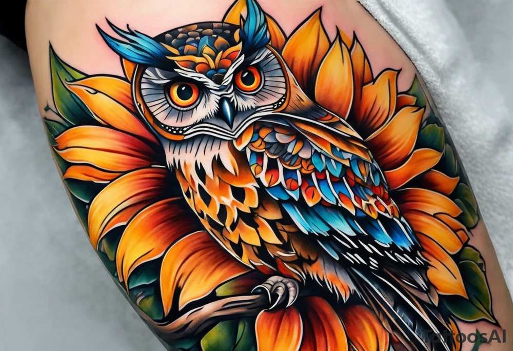 Leg sleeve with colorful sunflowers and an owl tattoo idea