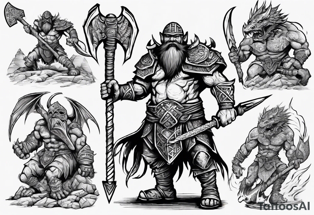 dwarven warrior with a war axe fighting against a dragon in the pit of hell with an aztec warrior tattoo idea