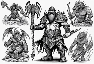 dwarven warrior with a war axe fighting against a dragon in the pit of hell with an aztec warrior tattoo idea