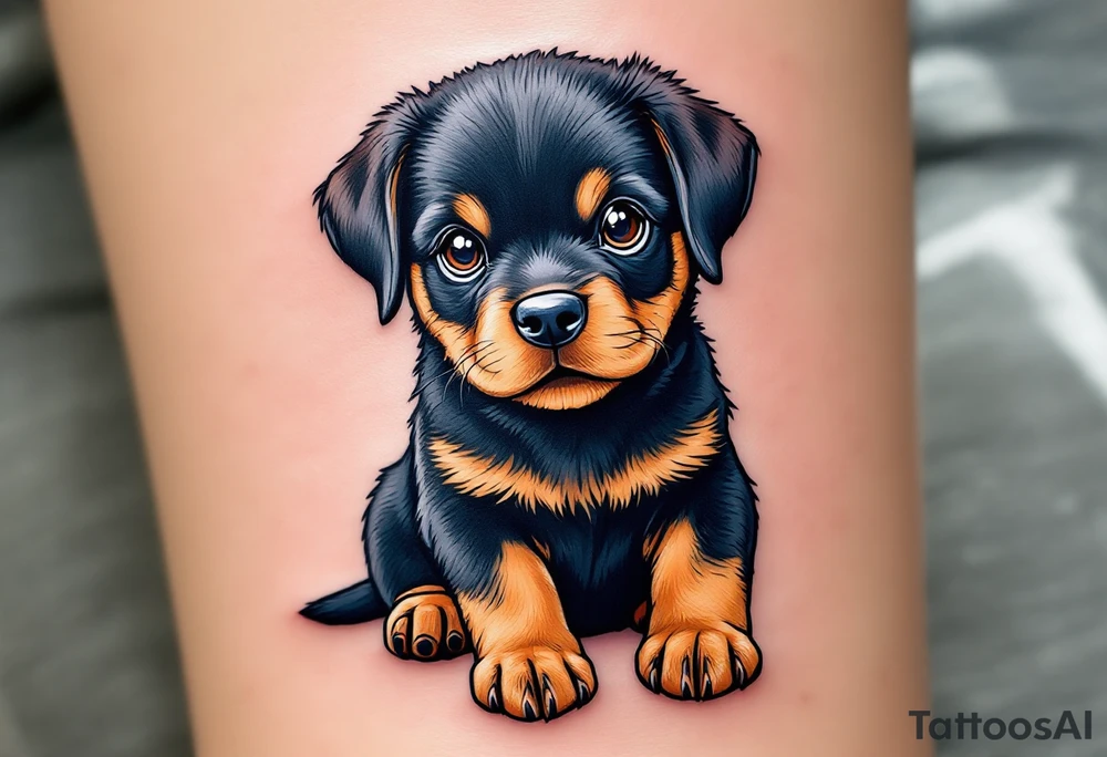 Rottweiler Puppy Tattoo – A sitting Rottweiler puppy with floppy ears and wide, curious brown eyes. Full color with soft shading on the fur and cute tan markings. tattoo idea