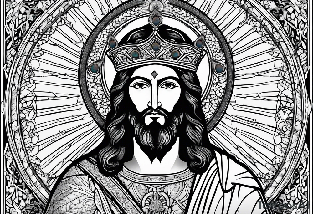 flat stern byzantine Christ with all-demanding eyes with a halo made of peacock feathers and pecan trees tattoo idea