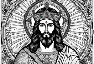 flat stern byzantine Christ with all-demanding eyes with a halo made of peacock feathers and pecan trees tattoo idea