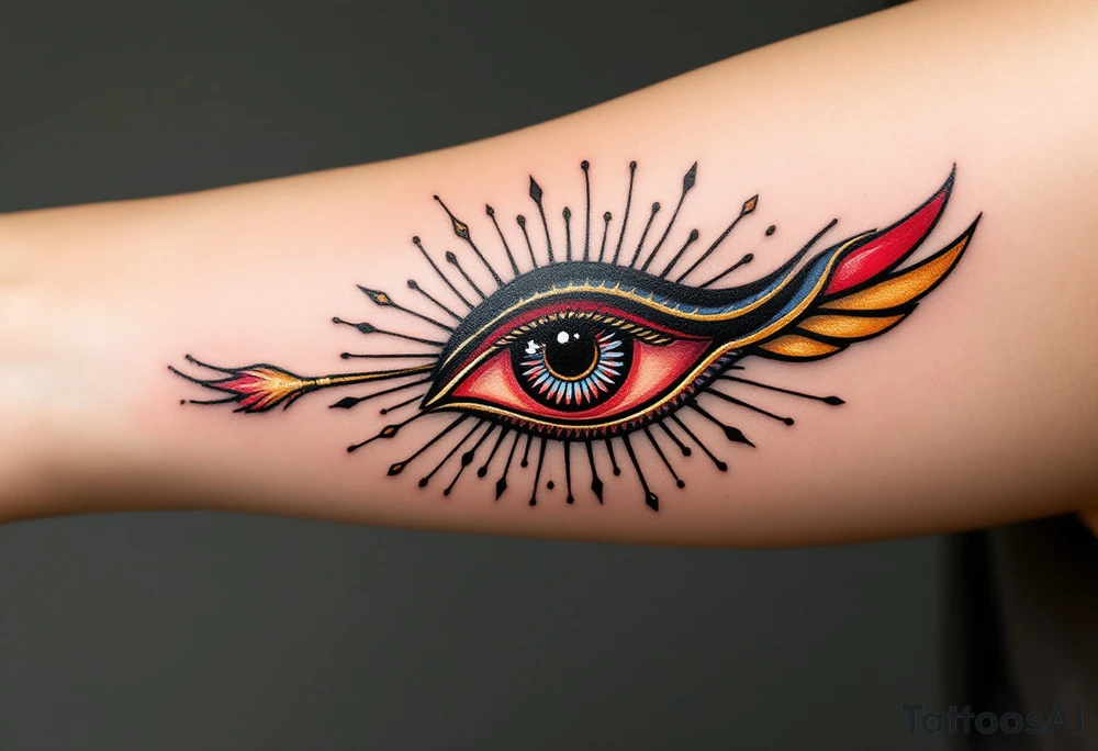 A crimson eye of Horus with black shading and golden rays extending outward. tattoo idea