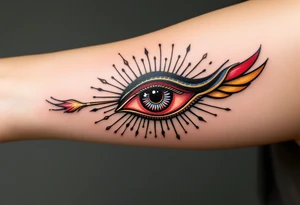 A crimson eye of Horus with black shading and golden rays extending outward. tattoo idea