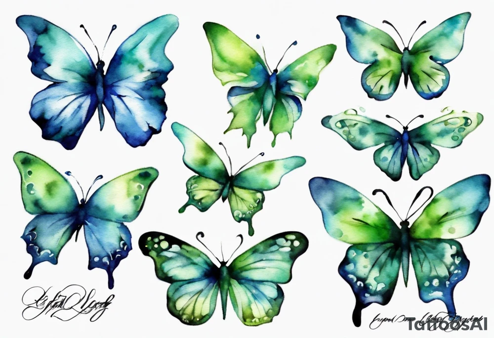 4 small blue and green butterflies tattoo idea