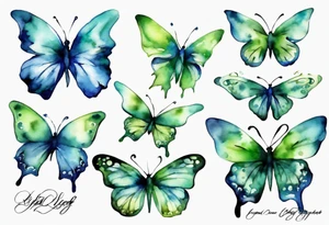 4 small blue and green butterflies tattoo idea