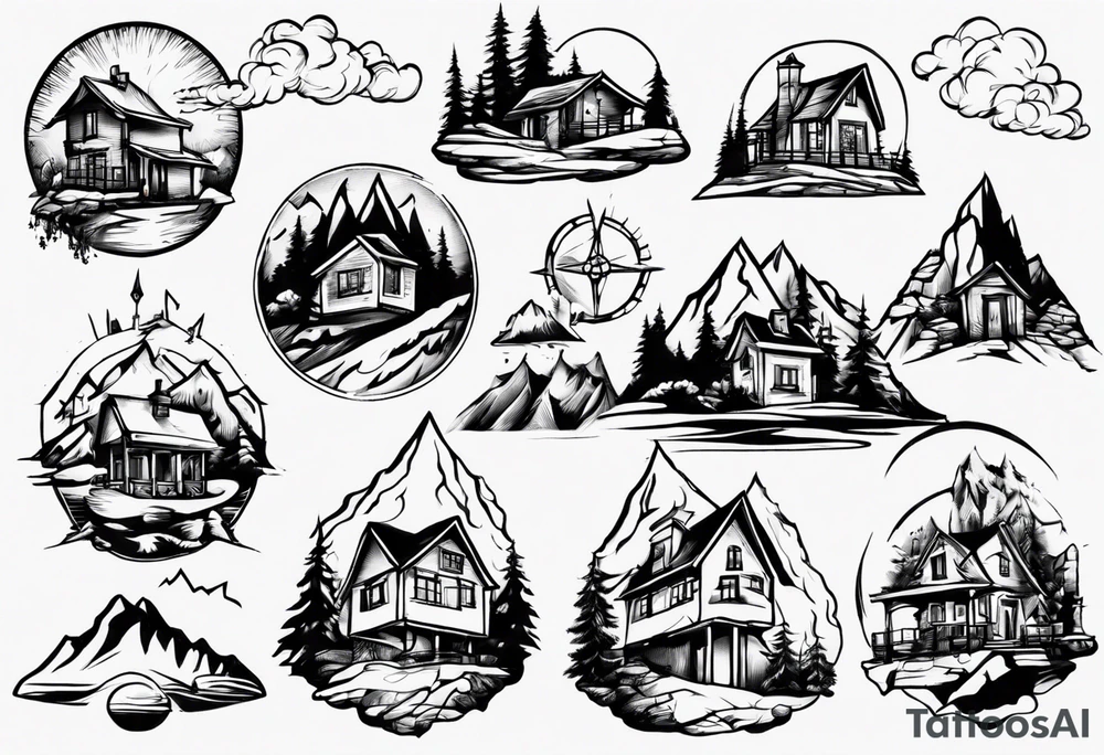 house on mountain tattoo idea