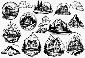 house on mountain tattoo idea