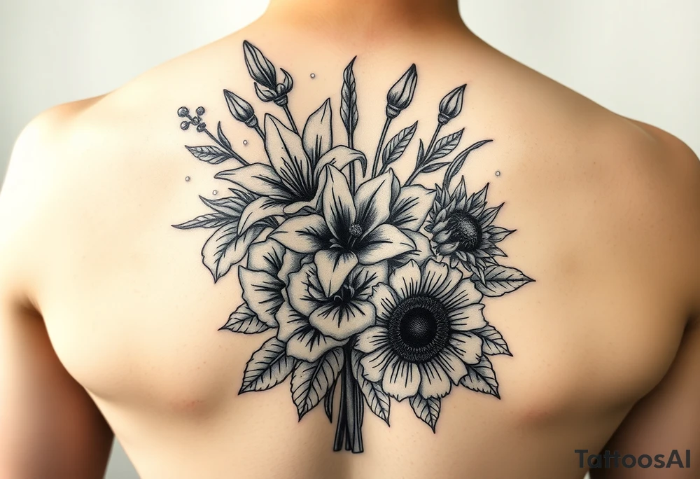 vintage bouquet of star gazer lillies and wild roses sunflowers with morning dew tattoo idea