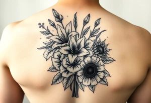 vintage bouquet of star gazer lillies and wild roses sunflowers with morning dew tattoo idea