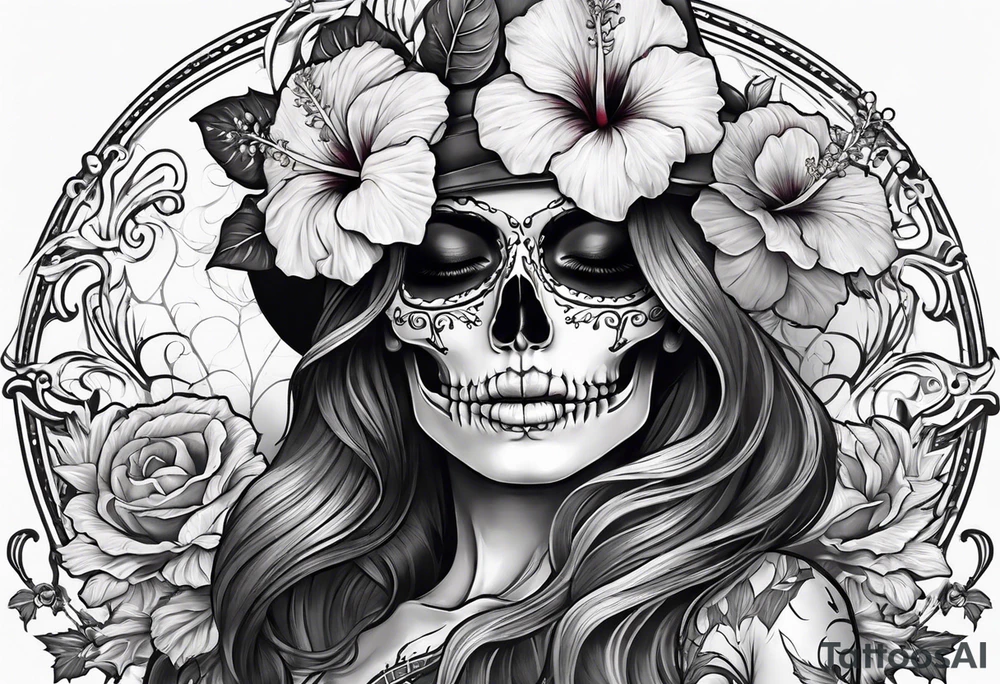 a full body female skeleton with hibiscus flower. tattoo idea